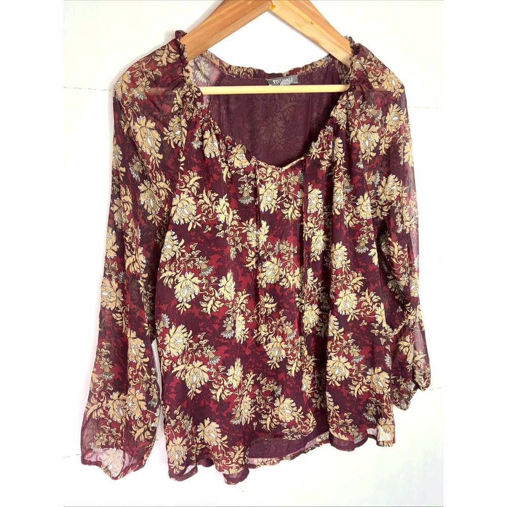 Roz & Ali Women’s Large Red Floral Long Sleeve Blouse Top Gold Flower Print